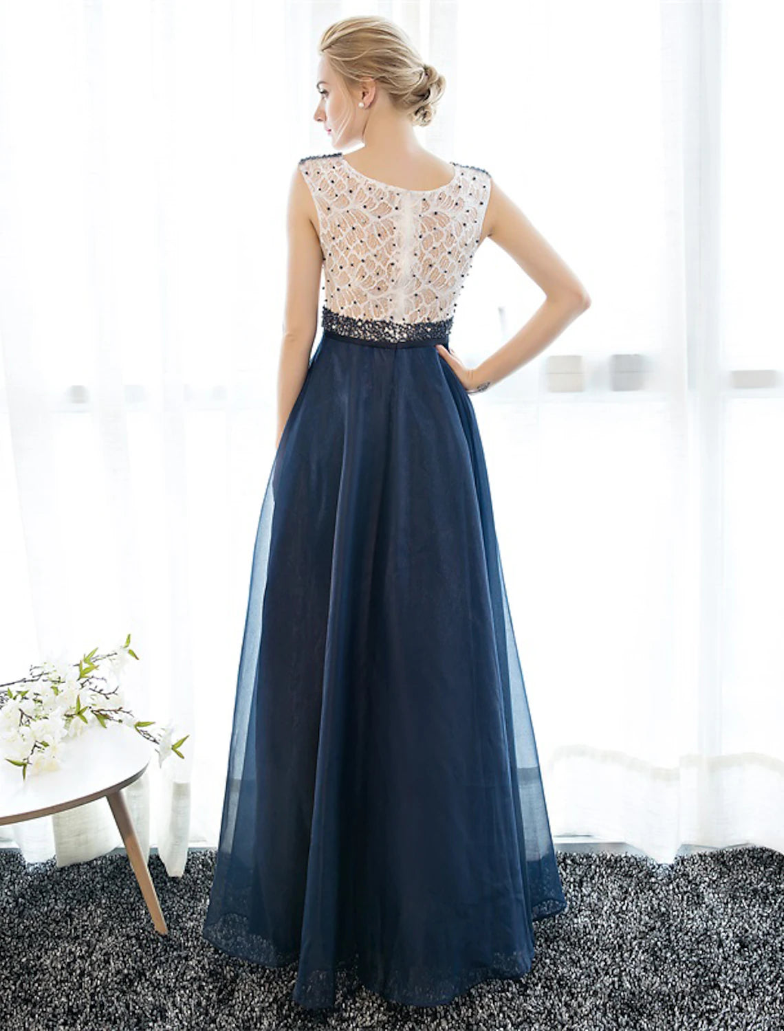 Wholesale  A-Line Beautiful Back Elegant Beaded & Sequin Prom Formal Evening Dress Illusion Neck Sleeveless Floor Length Tulle Over Lace with Beading